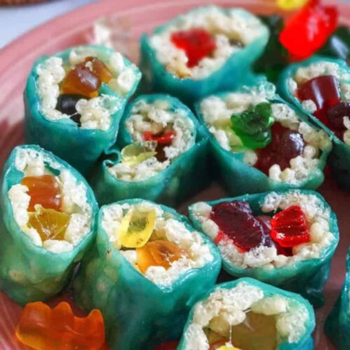 candy sushi on a pink plate