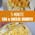 scrambled egg and cheddar cheese on a tortilla wrap and a wrapped tortilla being held