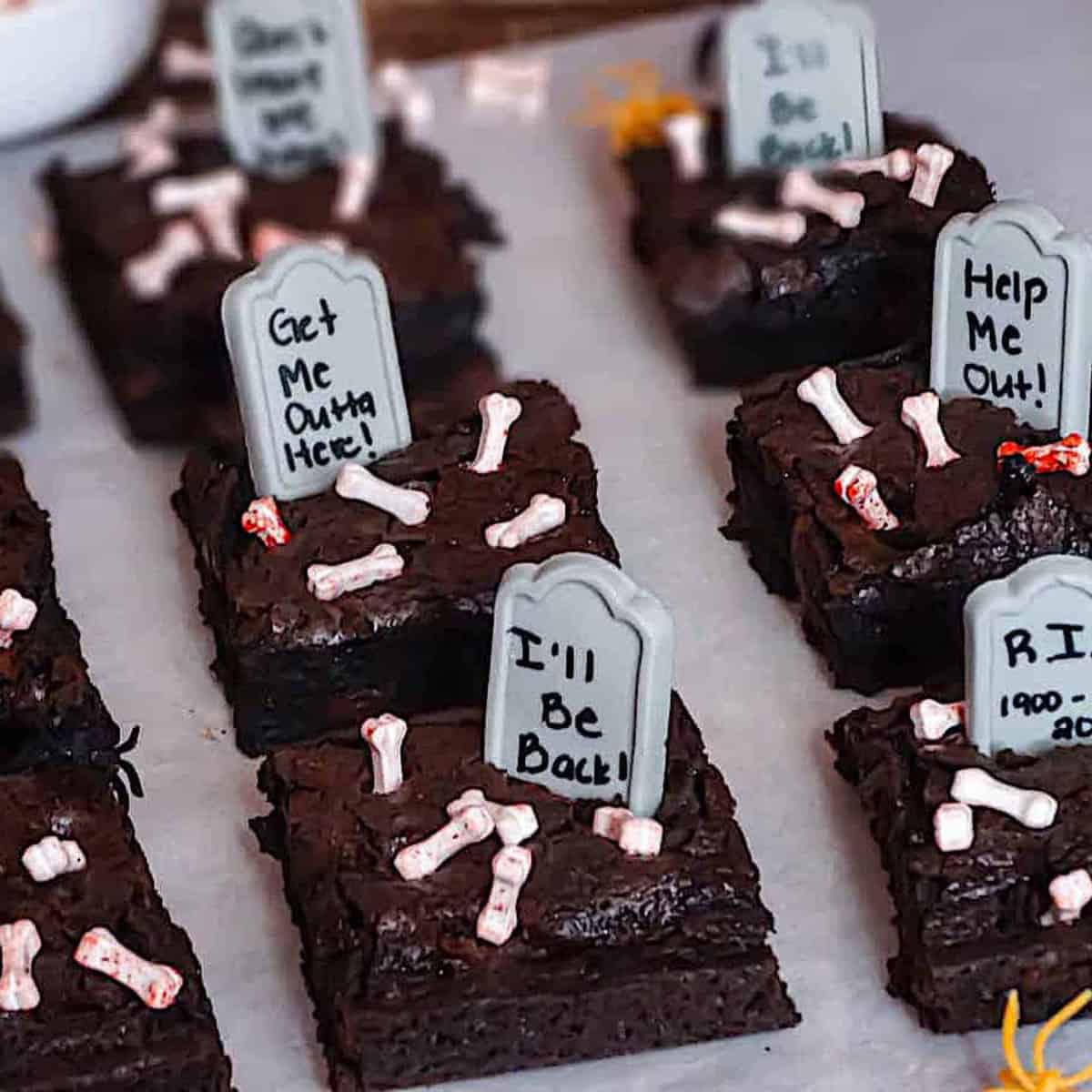 chocolate brownies with edible tombstones and bones