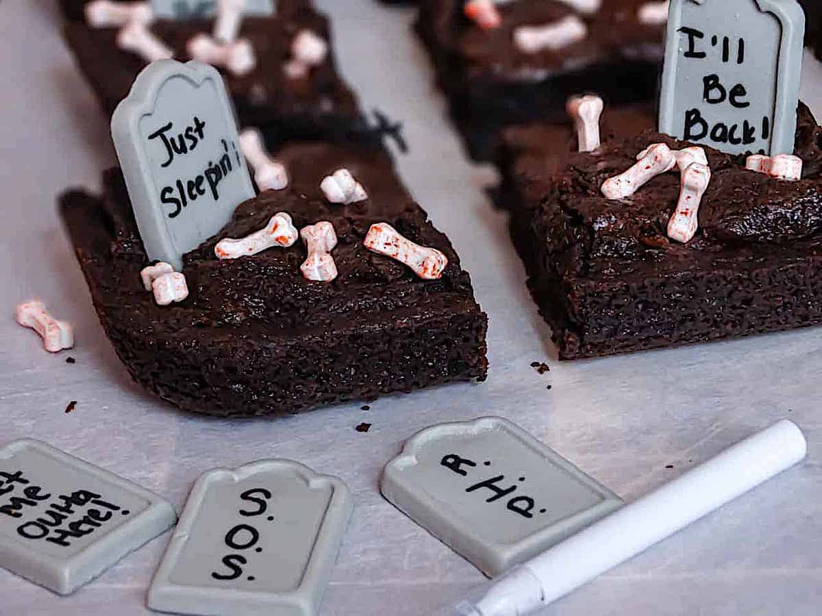 chocolate brownies with edible tombstones and bones