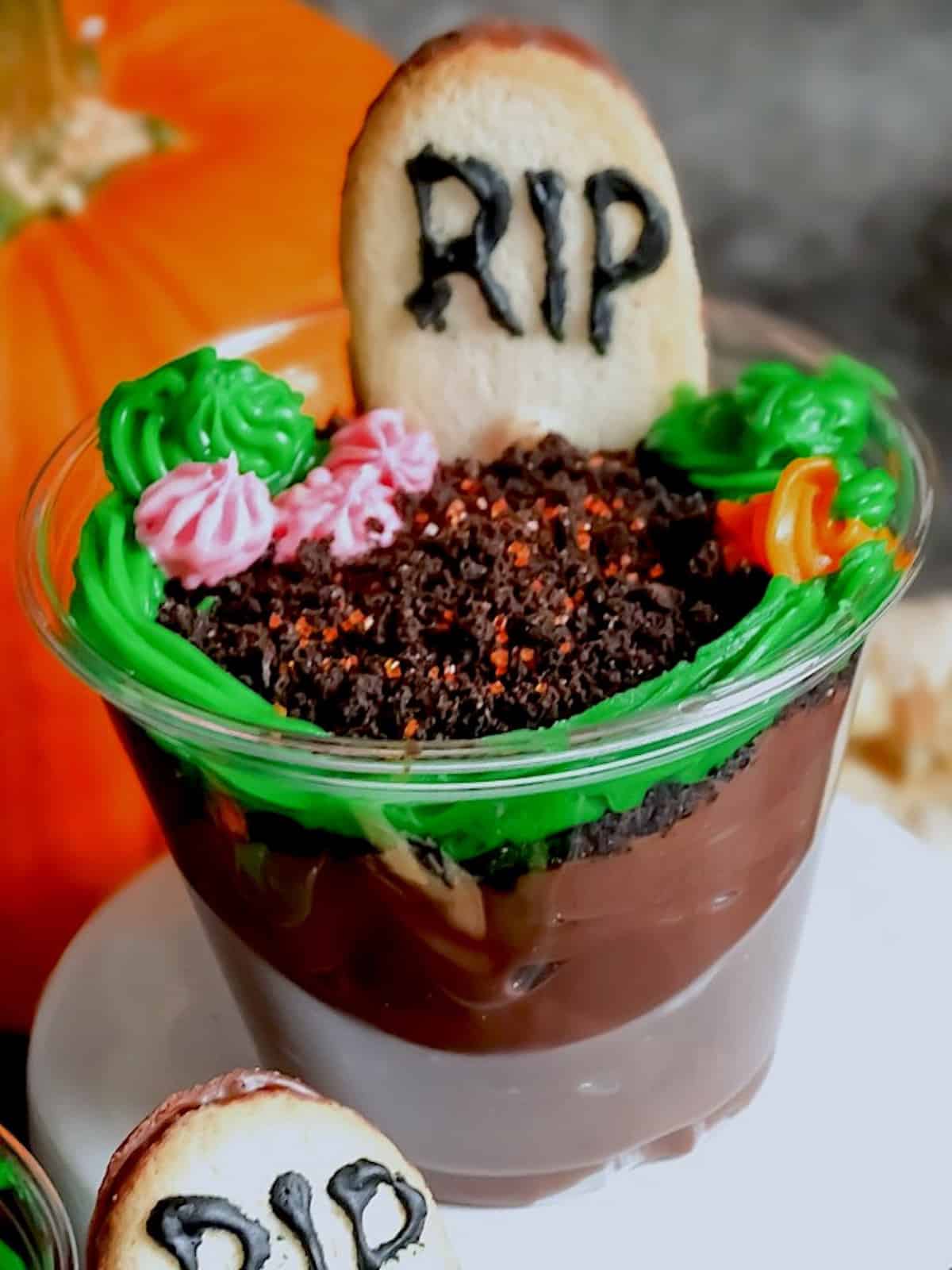close up of a Halloween pudding cup