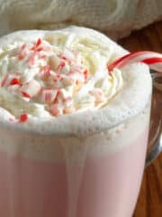 peppermint hot chocolate in a mug topped with candy canes, whipped cream and sprinkles