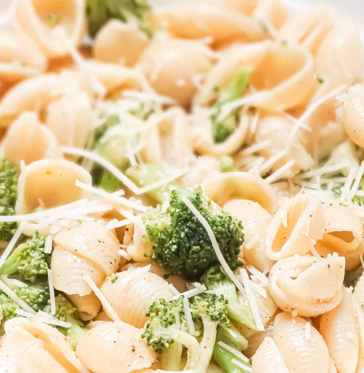garlic broccoli pasta topped with parmesan cheese in a white bowl