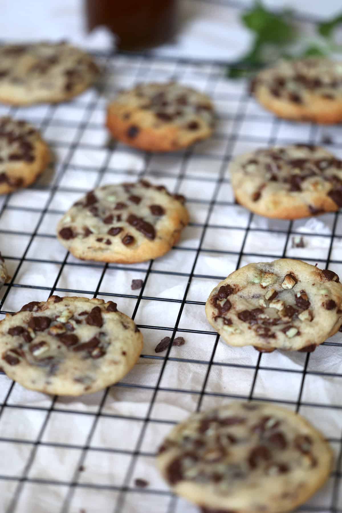 baked mint chocolate chip cookies on a cooling rack