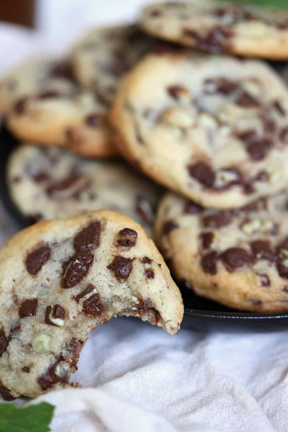 mint chocolate chip cookie with a bite taken out