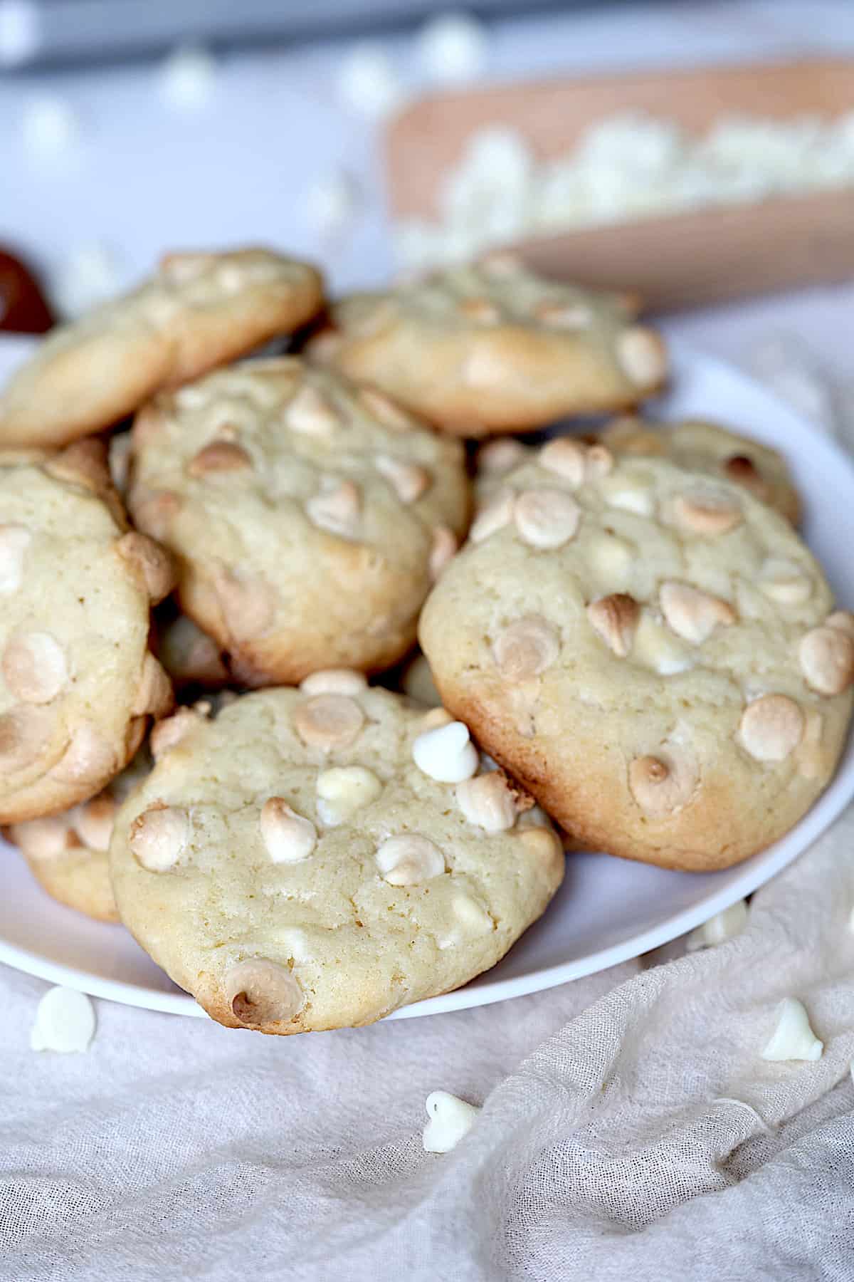 closeup of white chocolate chip sugar cookies