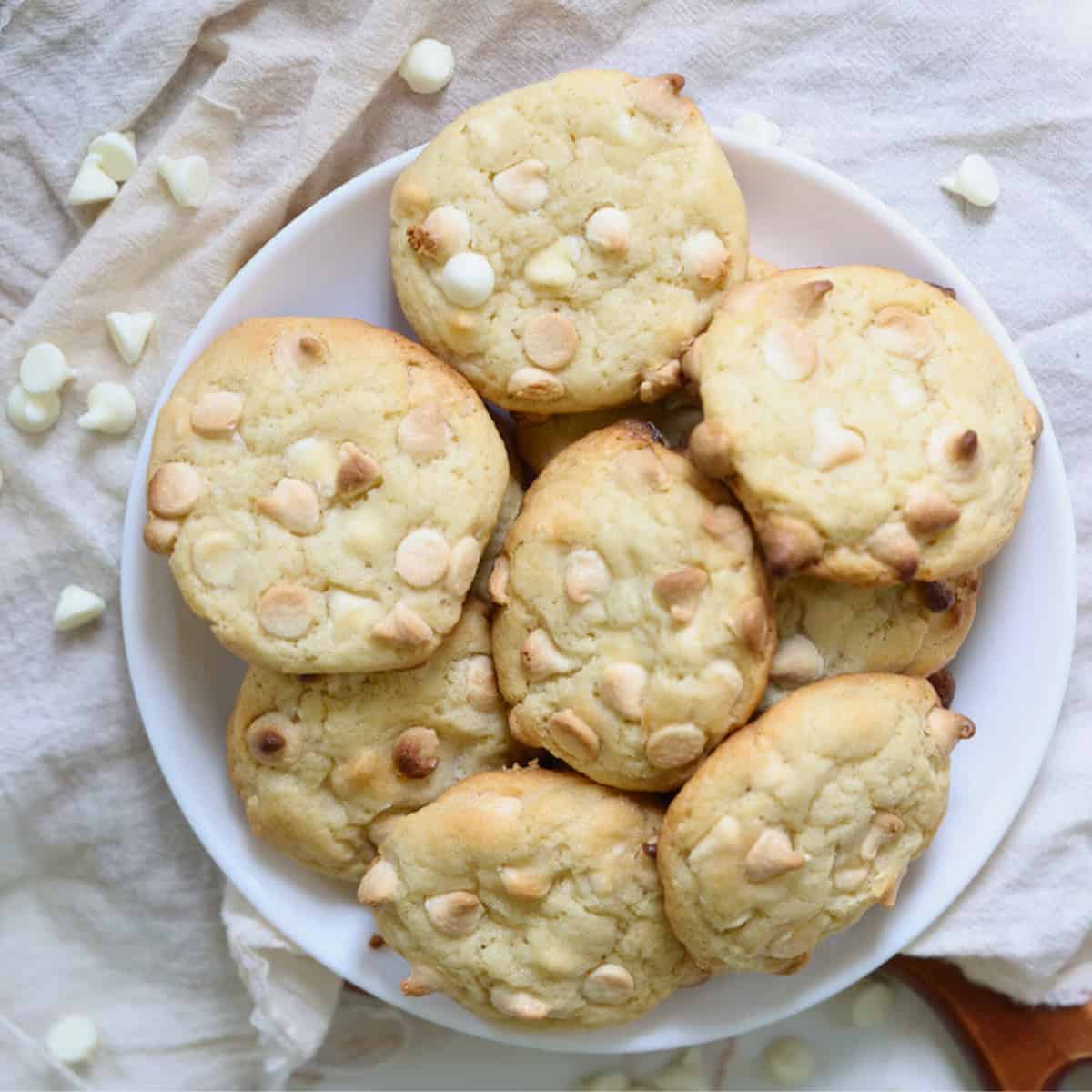 white chocolate chip cookies on a plate