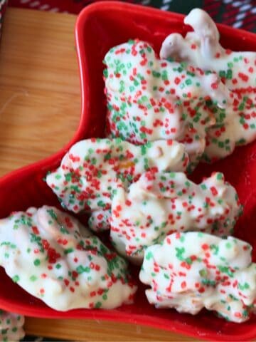 Crockpot Christmas candy pretzels in a stocking serving dish