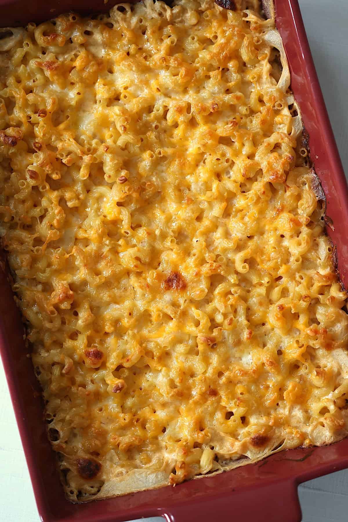 baked mac and cheese topped with golden brown cheese