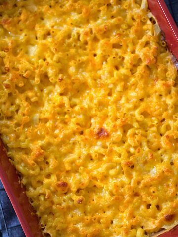 southern baked mac and cheese in a casserole dish