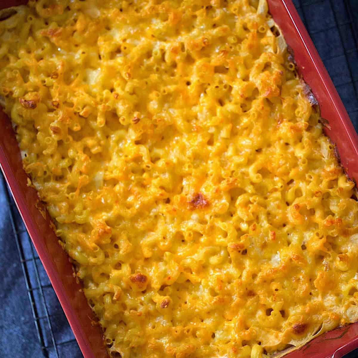 southern baked mac and cheese in a casserole dish
