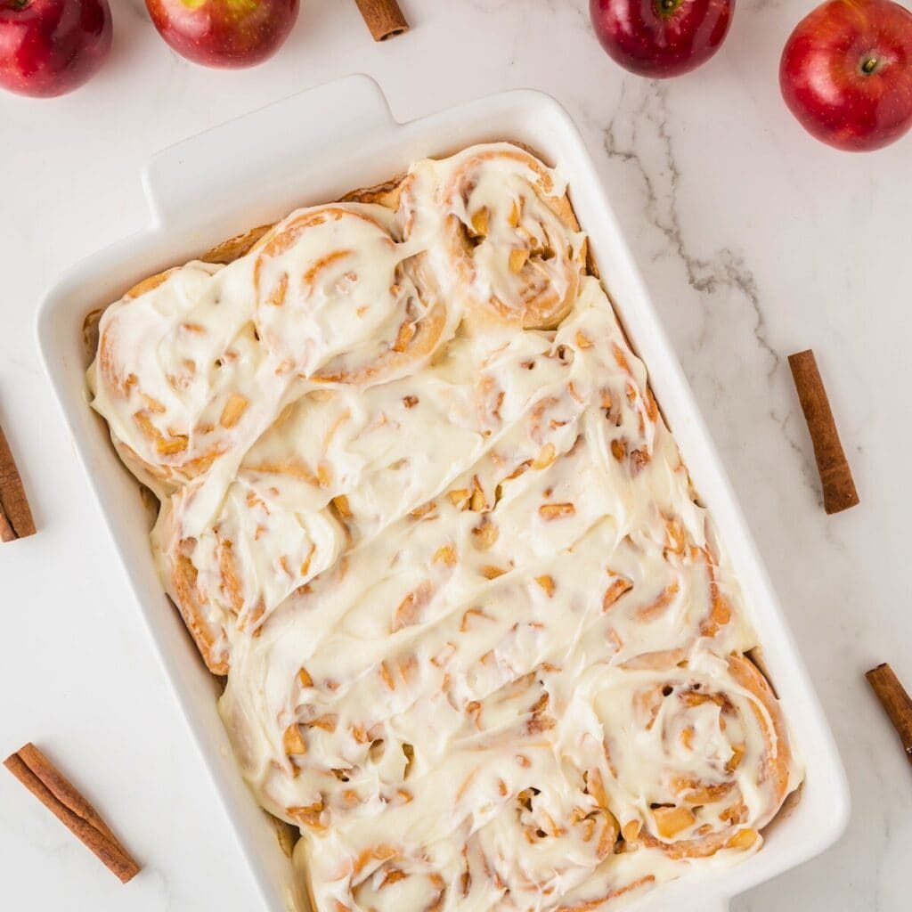 apple cinnamon rolls in a casserole dish