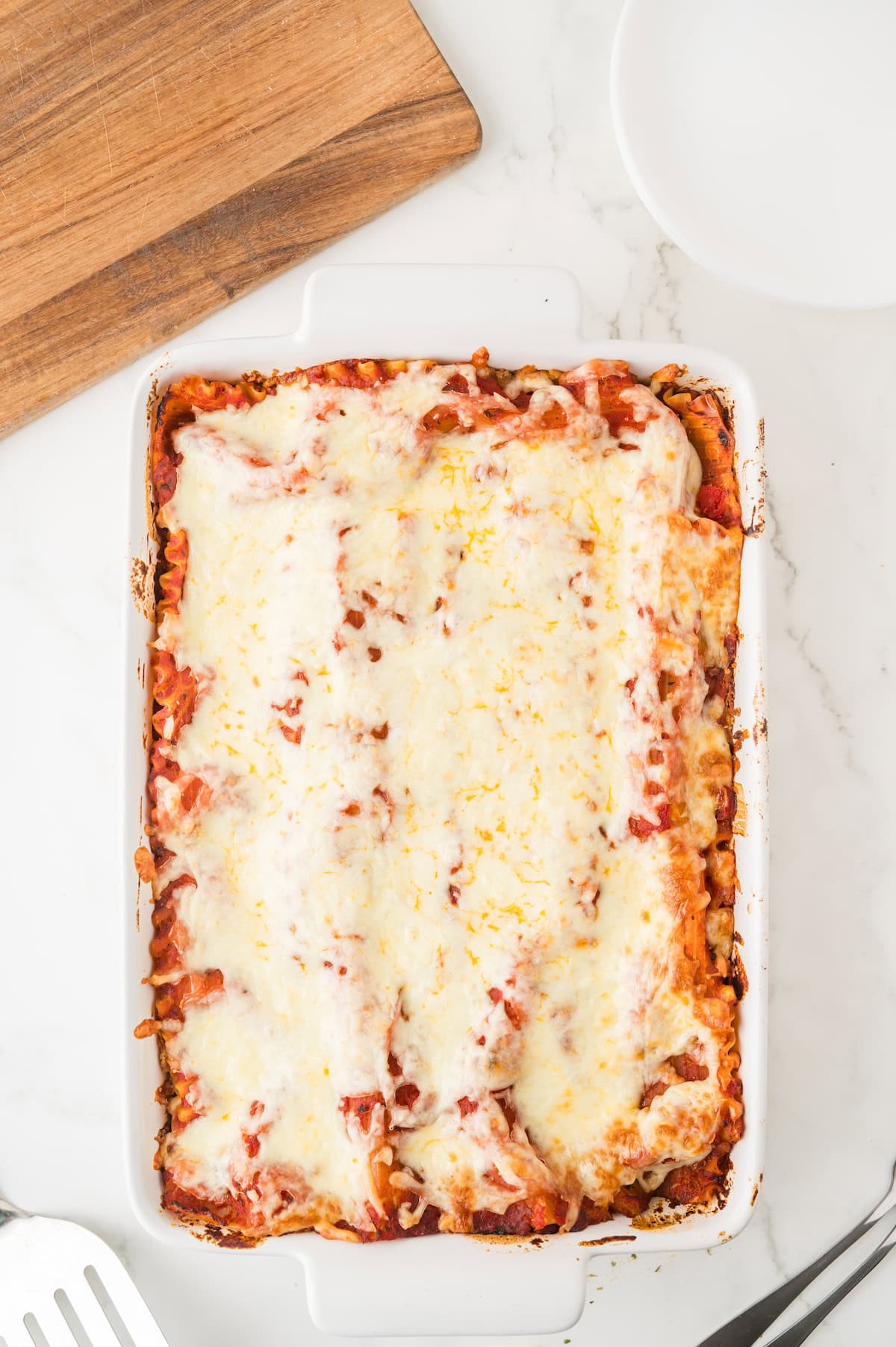 baked cheese lasagna in a baking dish