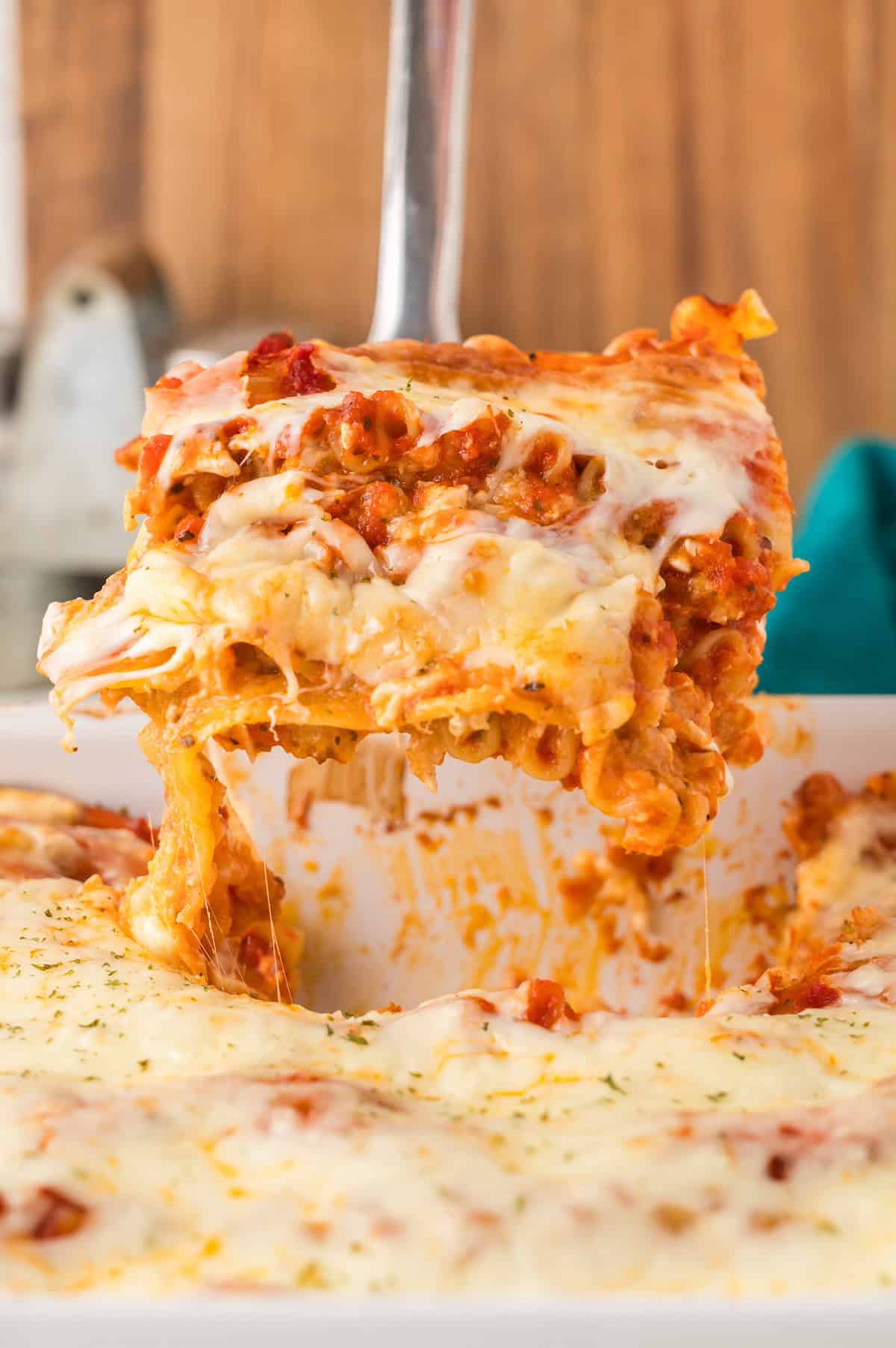 close up of sliced cheese lasagna