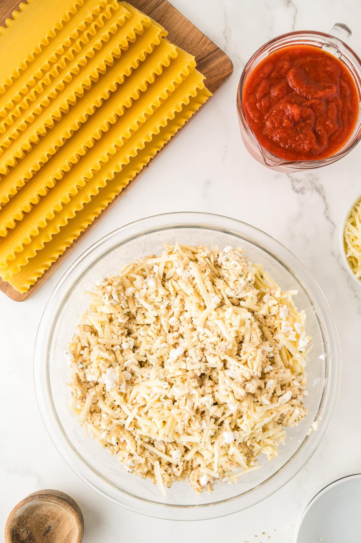 lasagna cheese mixture in a mixing bowl