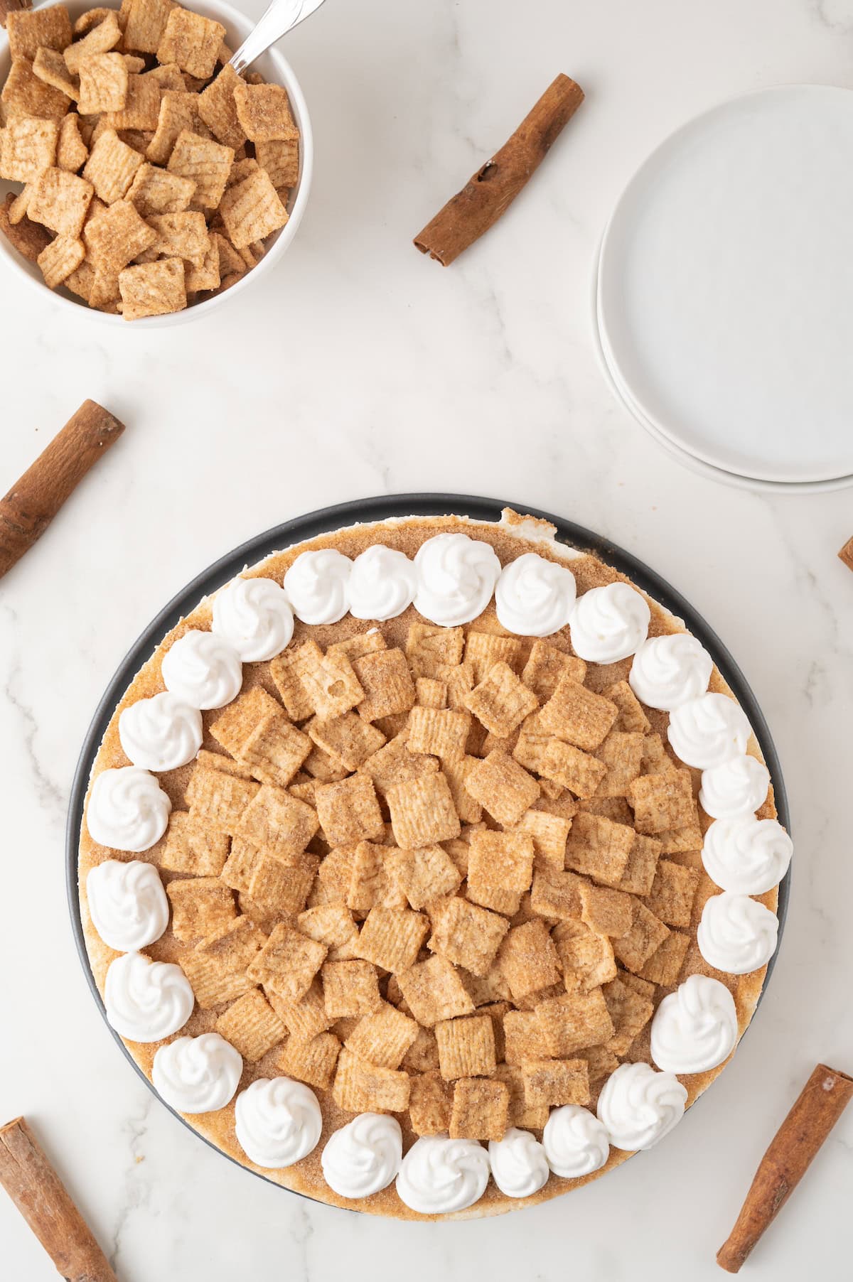 cheesecake topped with Cinnamon Toast Crunch cereal