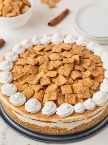 Cinnamon Toast Crunch cheesecake on a serving plate