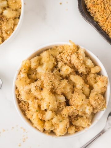 stovetop skillet Mac and cheese in a white bowl
