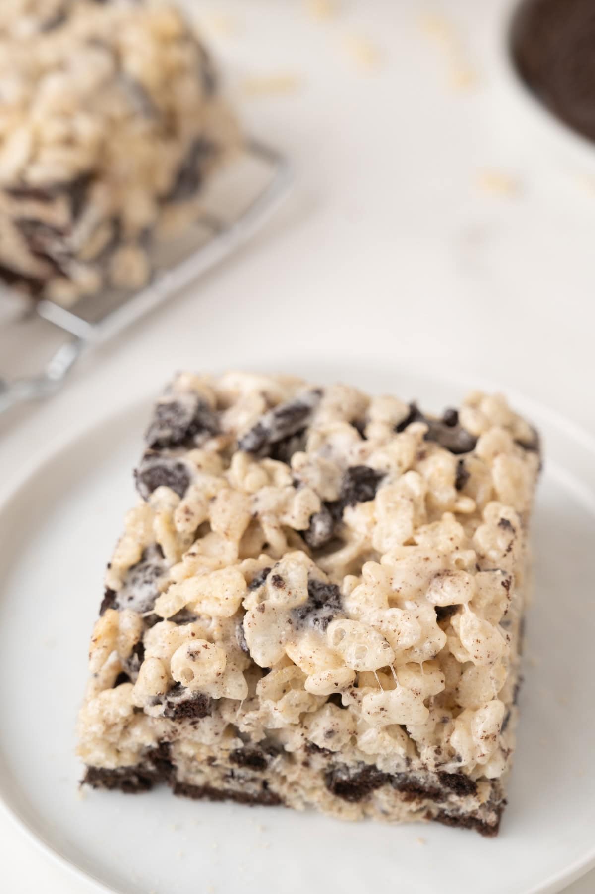 Oreo Rice Krispie treat cut into a slice