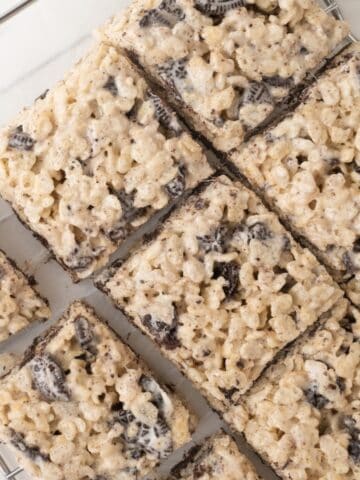 Oreo Rice Krispies cut on a serving platter