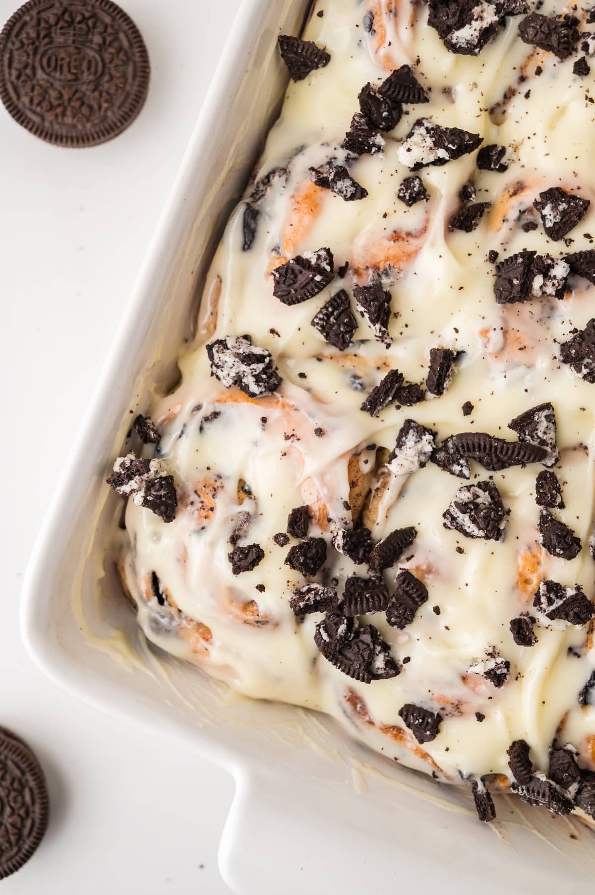 Oreo cinnamon roll in a baking sheet