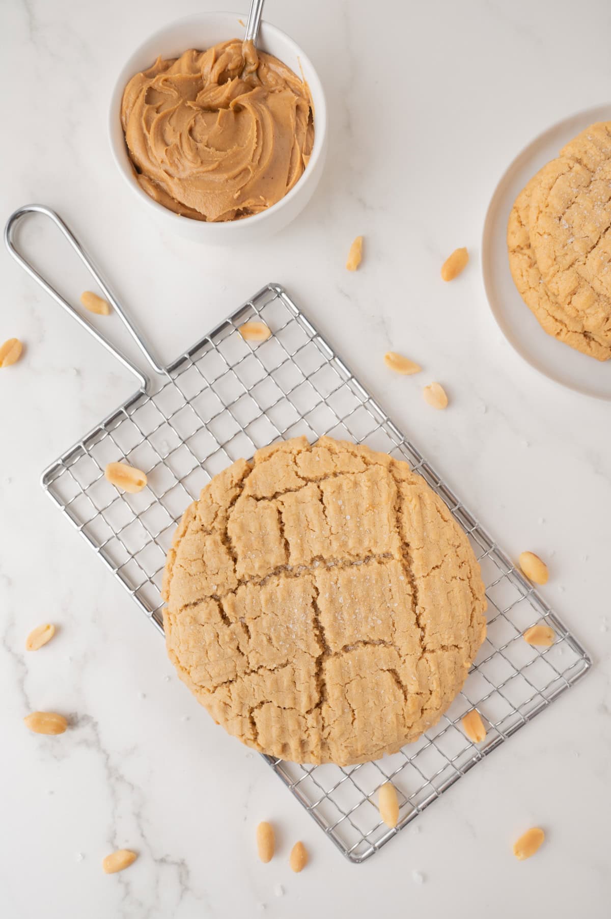 a single large peanut butter cookie on a cooling rack