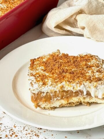 butterscotch layered pudding dessert on a white plate