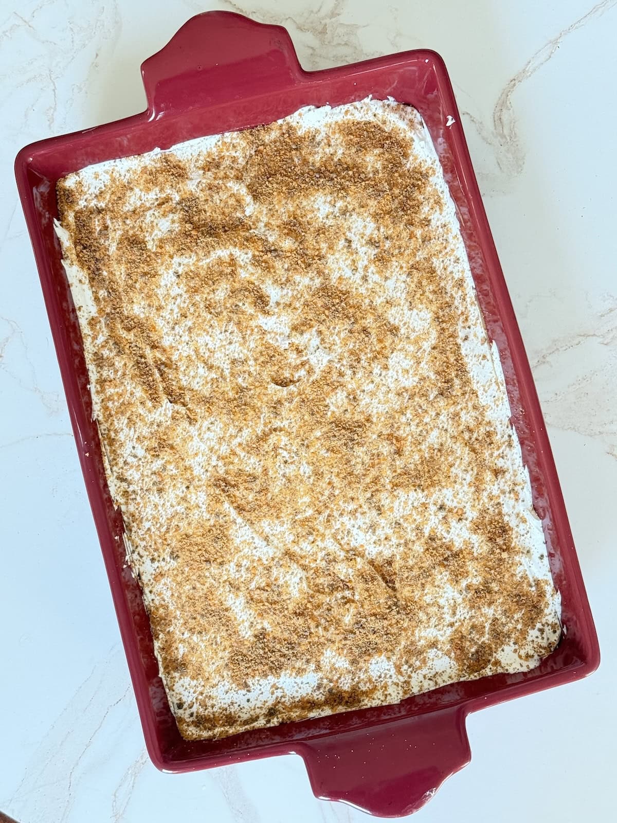 butterscotch layered dessert in a baking dish