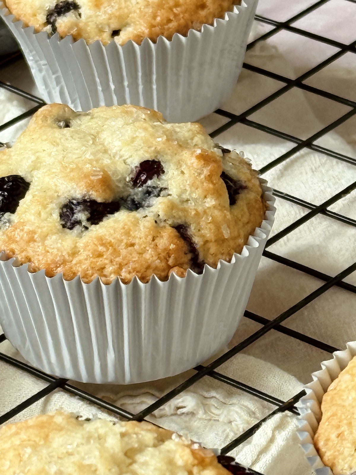 close up of a blueberry muffin on a cooling rack