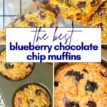 pinterest image of blueberry chocolate chip muffins on a serving board