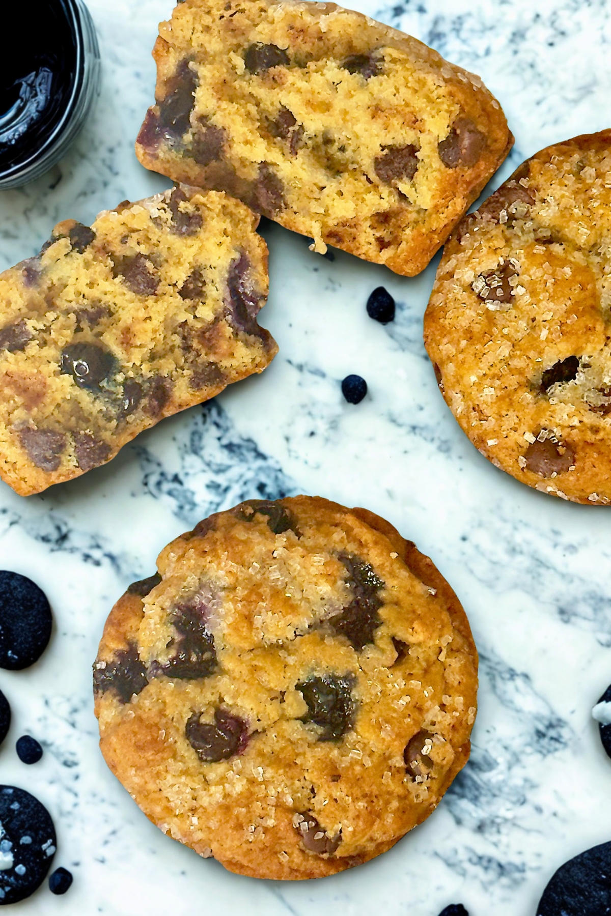 blueberry chocolate chip muffins on a serving board