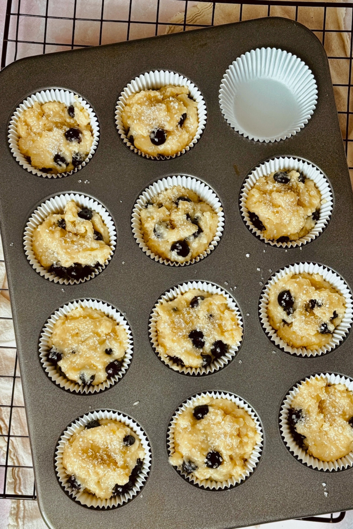 unbaked blueberry muffins in a baking pan