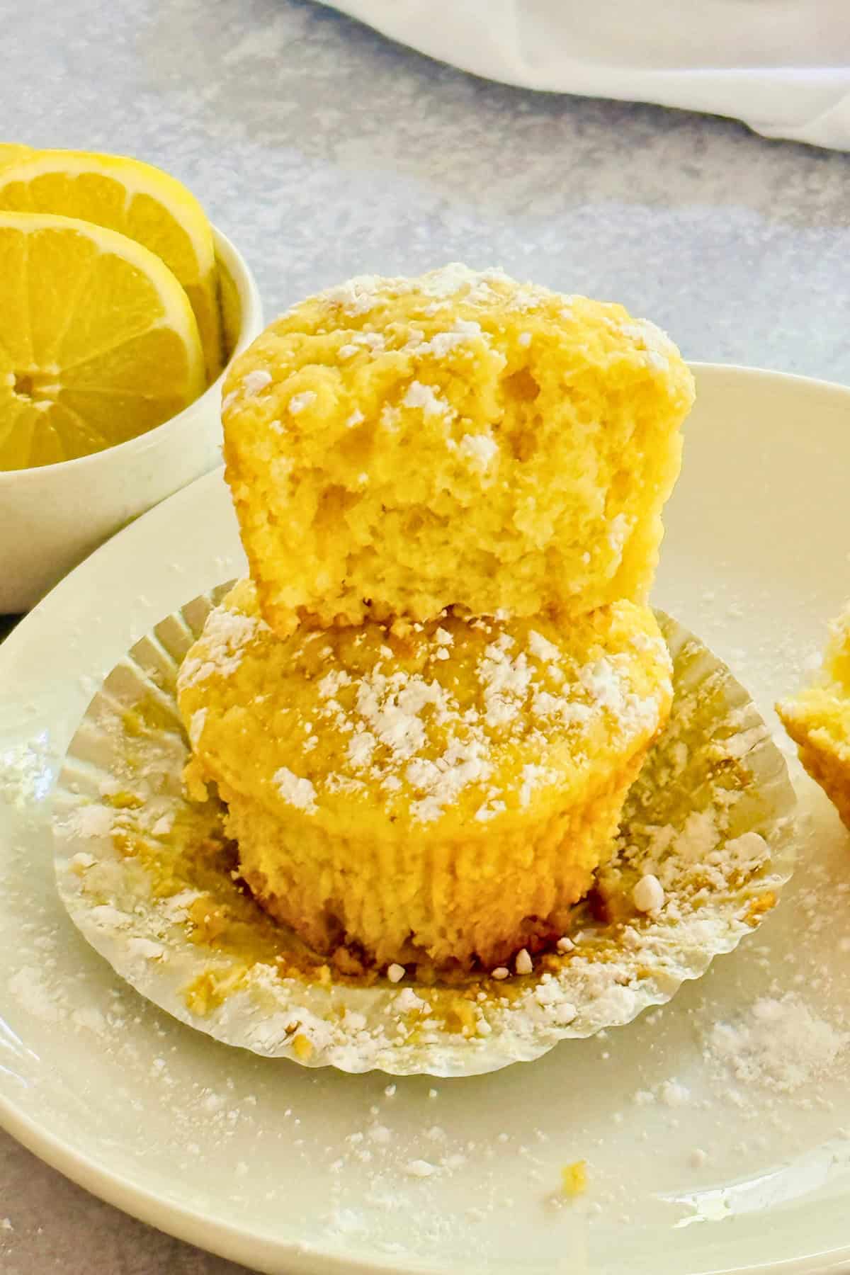 sliced lemon muffin on a liner